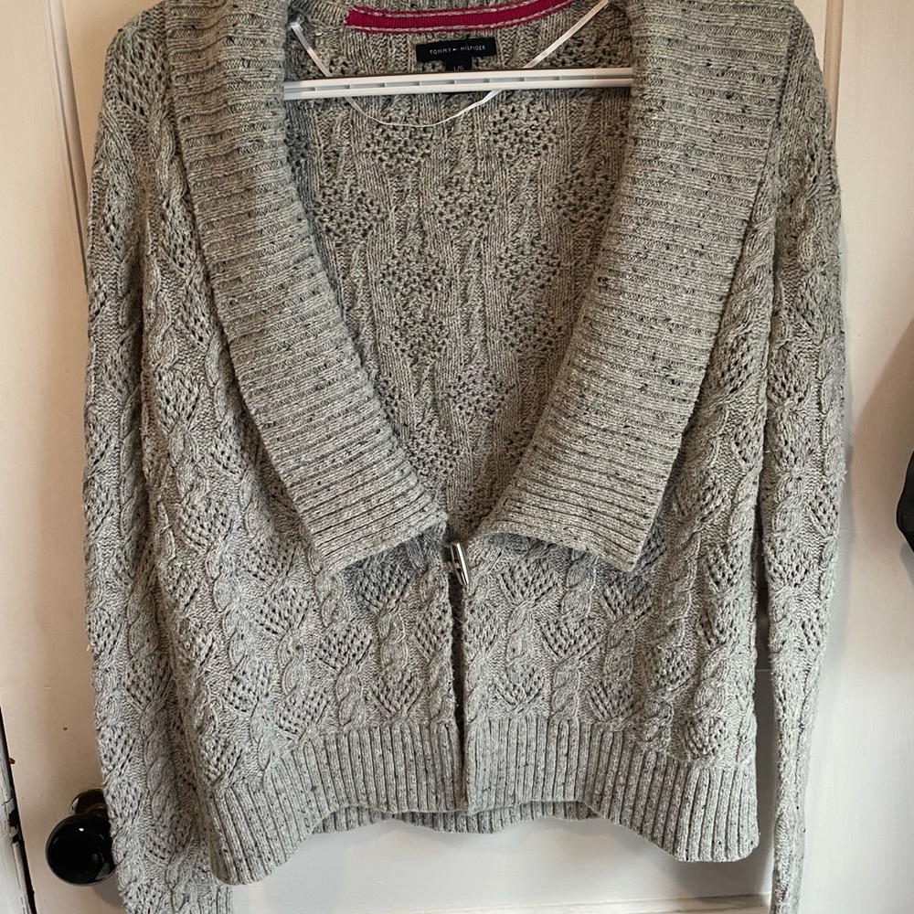 Tommy Hilfiger Gray Cardigan Sweater with Collared Neckline
